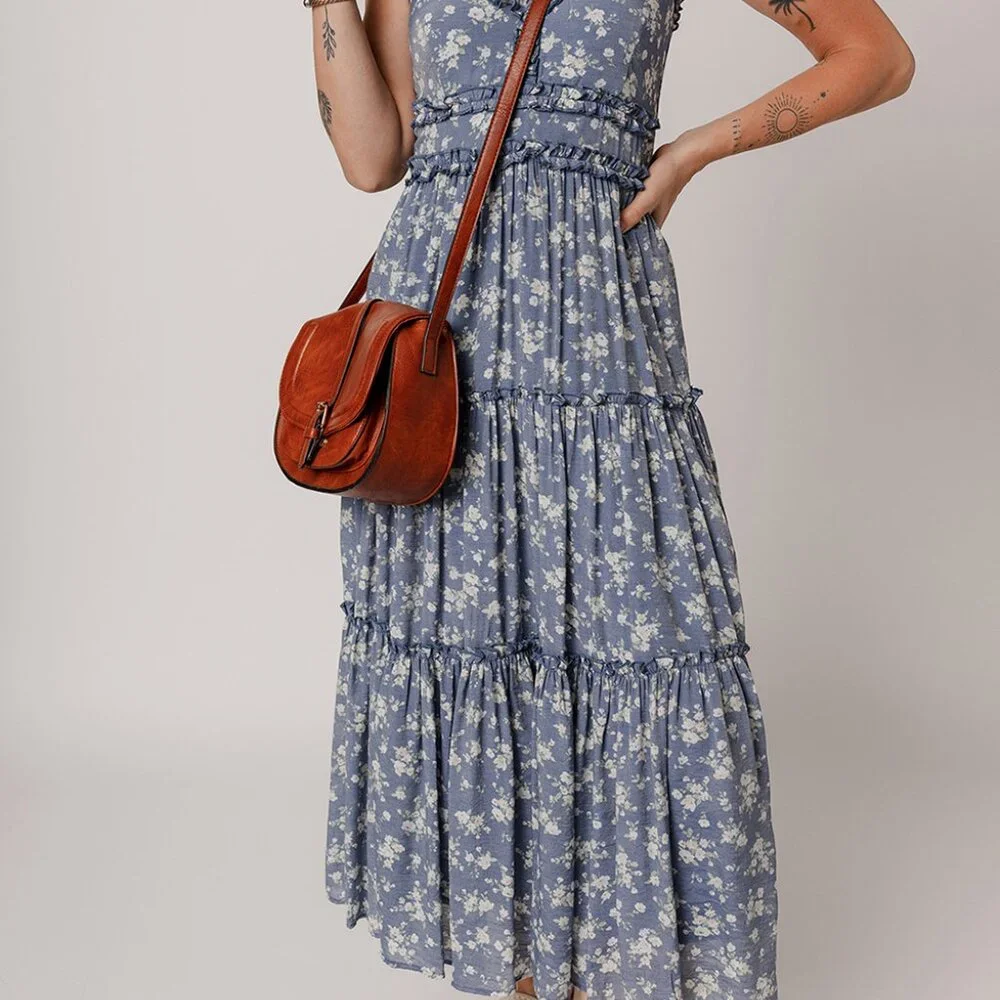 B266 Blue Floral Spaghetti Strap Frilled V Neck Tiered Midi Dress - Picture 6 of 16